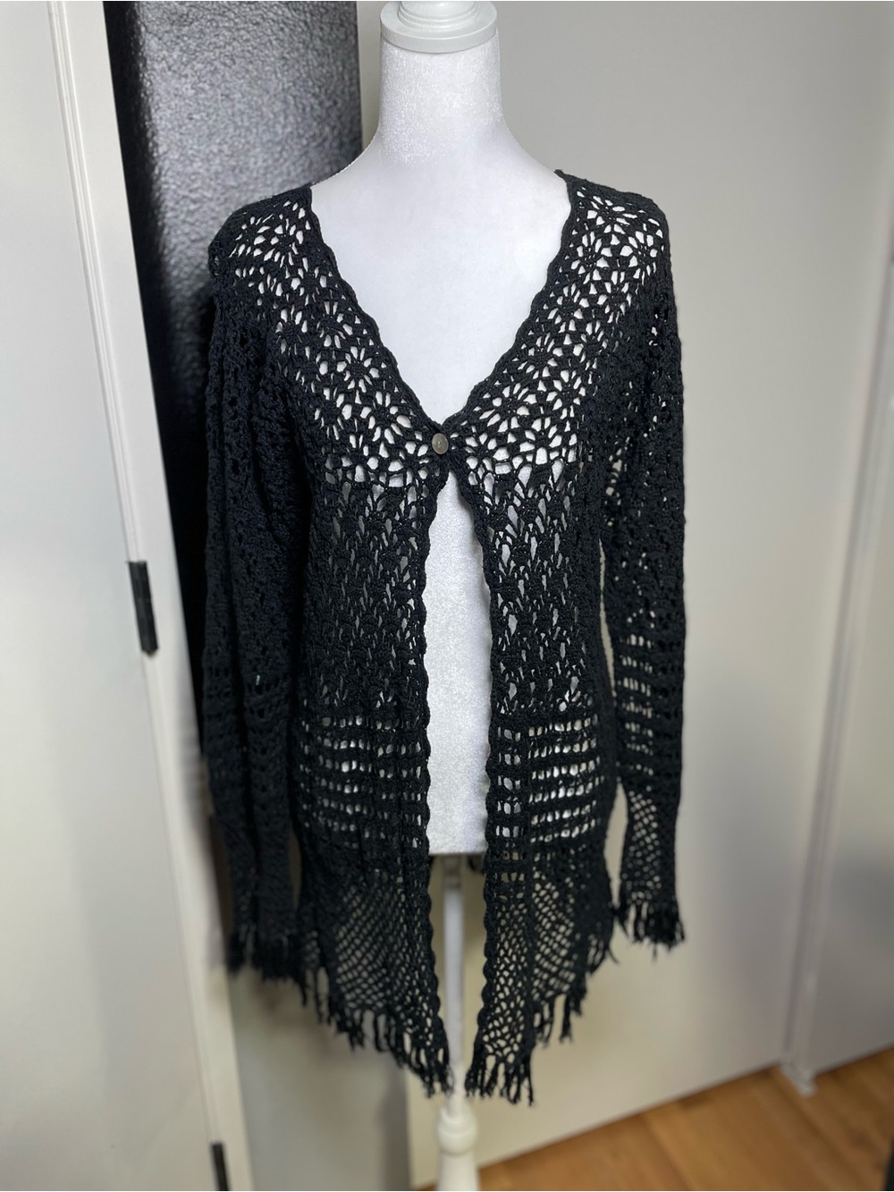 Boho Black Crochet Fringe Open-Front Cardigan